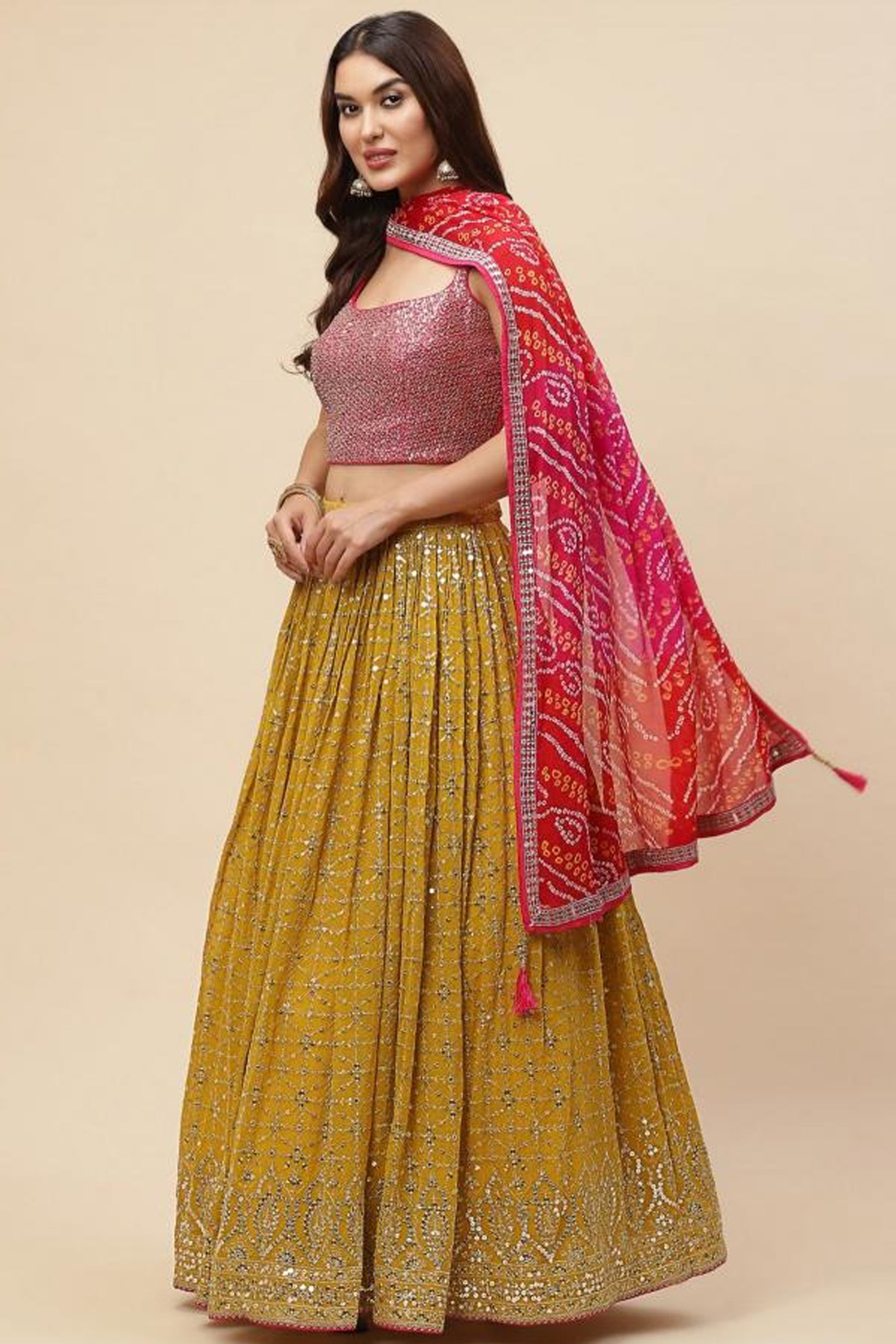 goldan yellow festive lehenga choli studio view