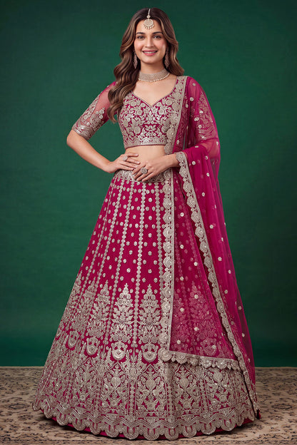 Pink lehenga choli in front view with detailed embroidery