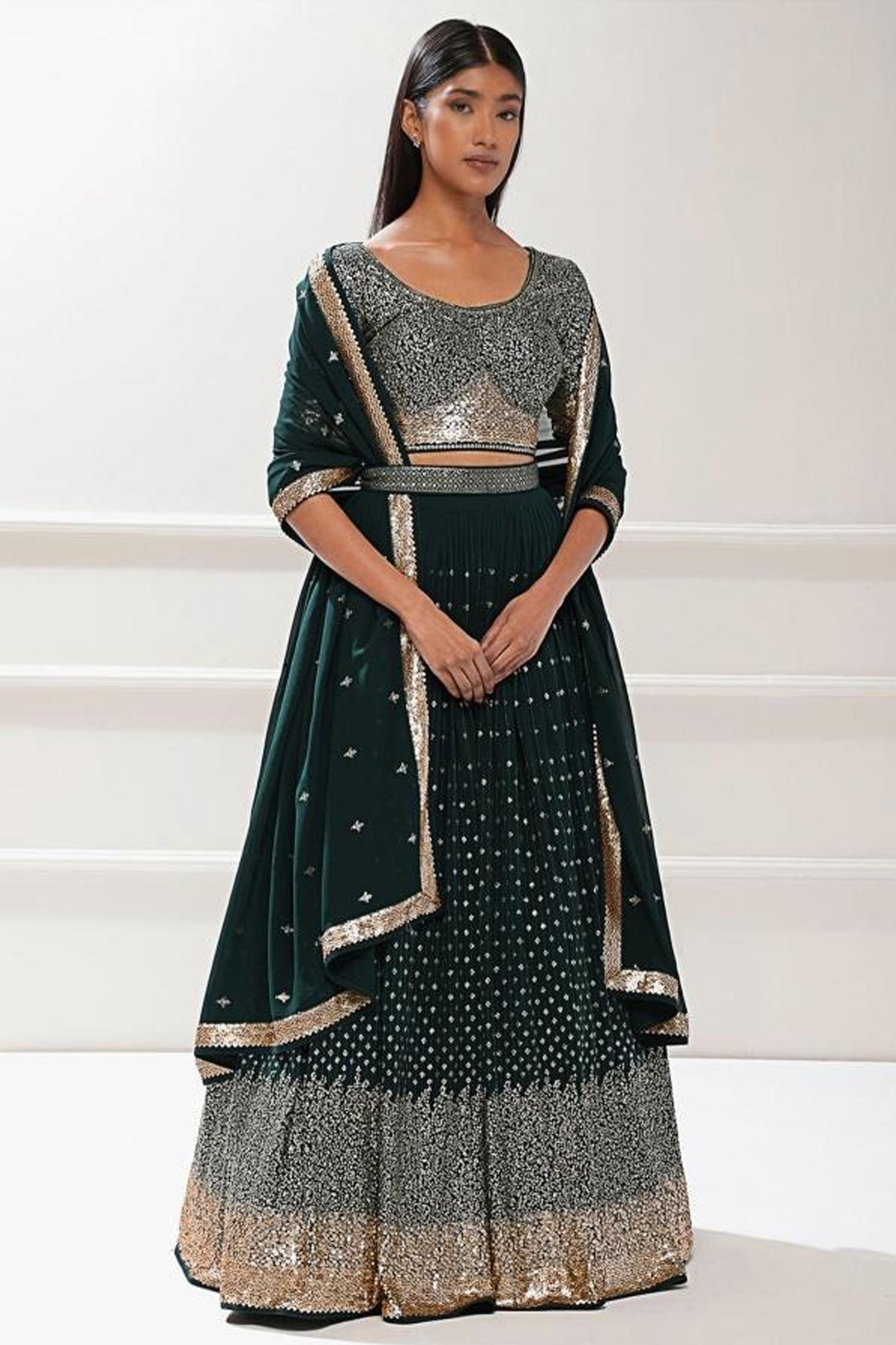Georgette lehenga fabric movement under soft lighting conditions