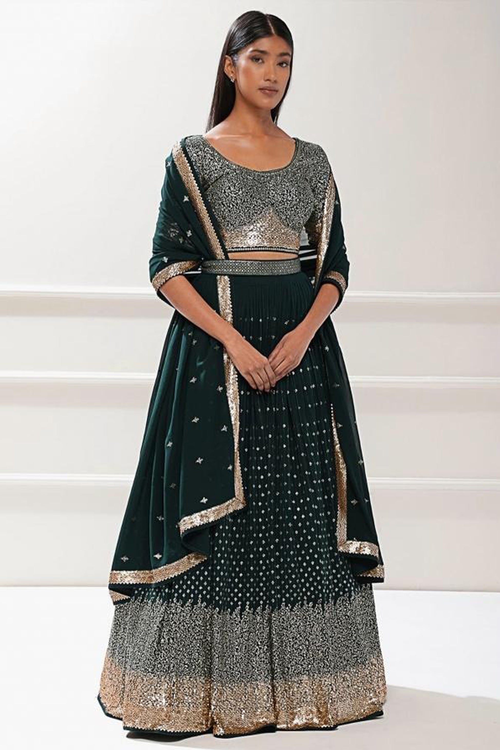 Georgette lehenga fabric movement under soft lighting conditions