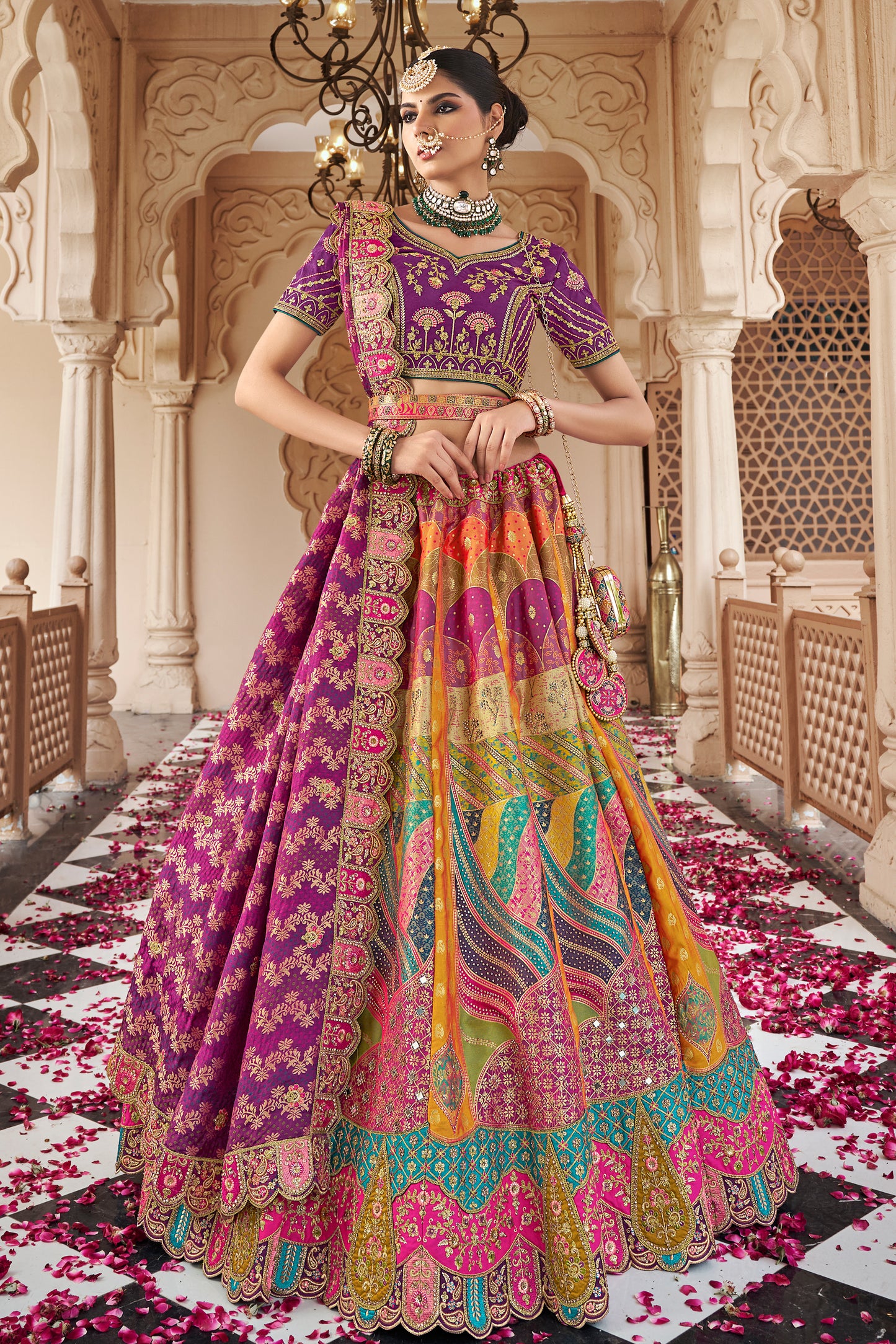 lehenga choli online multicolor skirt with purple blouse front view