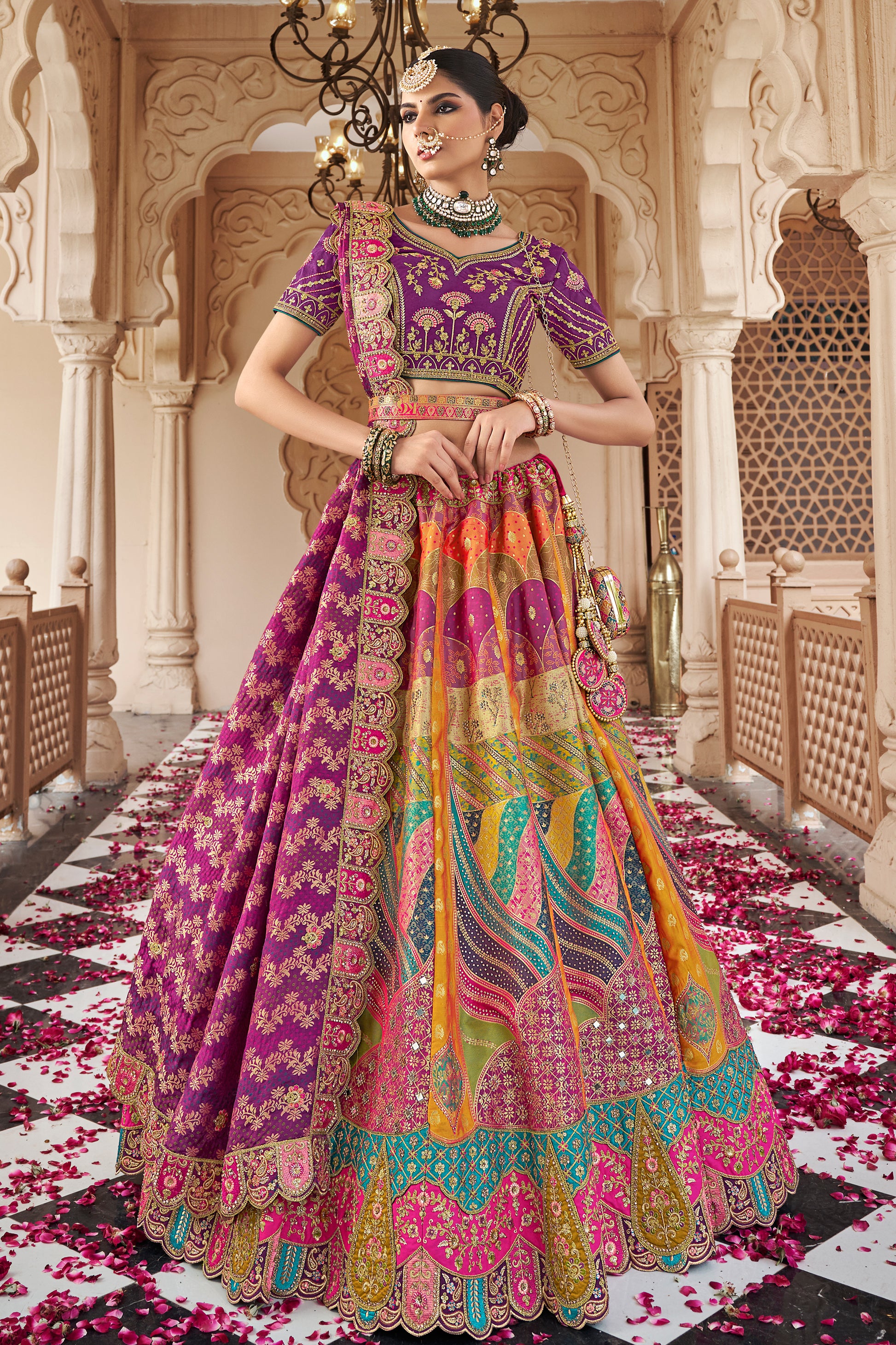 lehenga choli online multicolor skirt with purple blouse front view