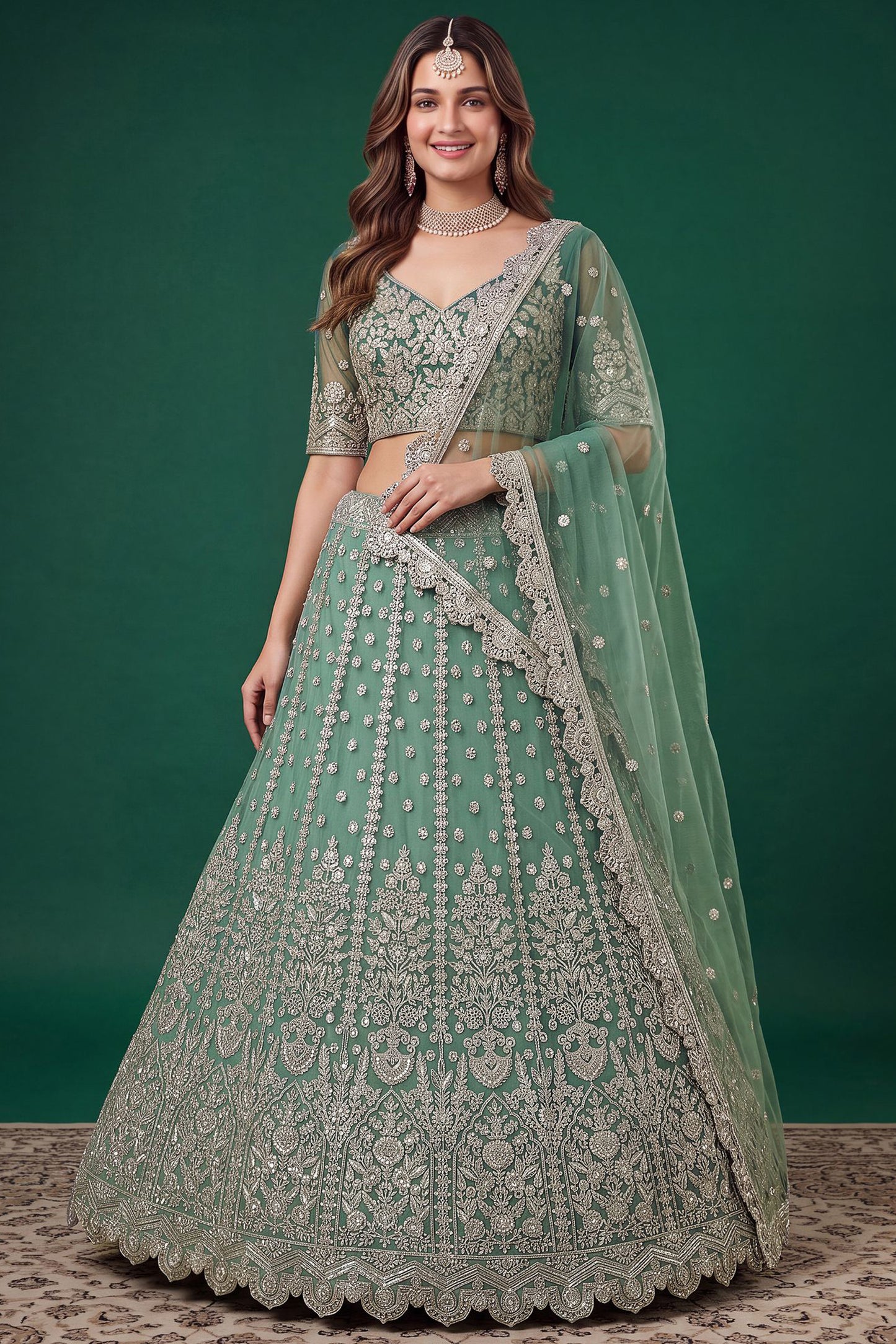 Pistachio green lehenga choli online shopping with Zari embroidery