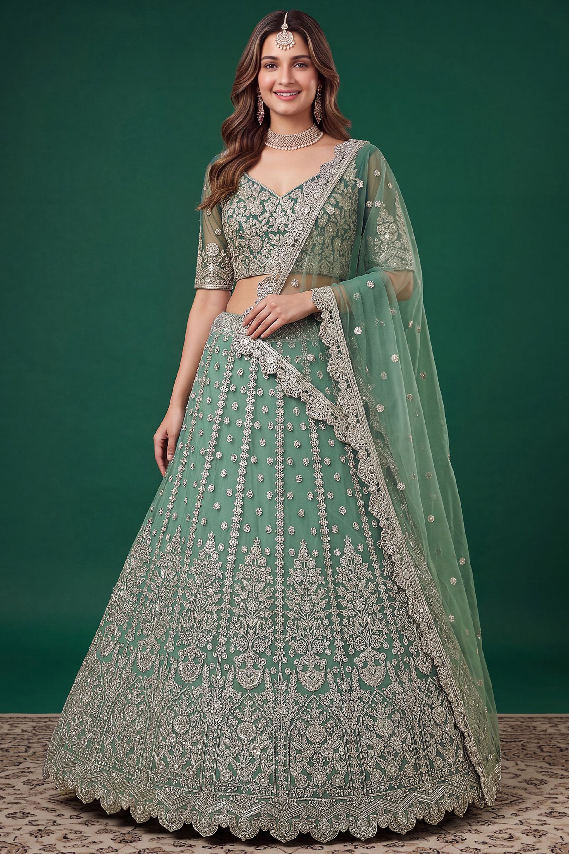 Pistachio green lehenga choli online shopping with Zari embroidery