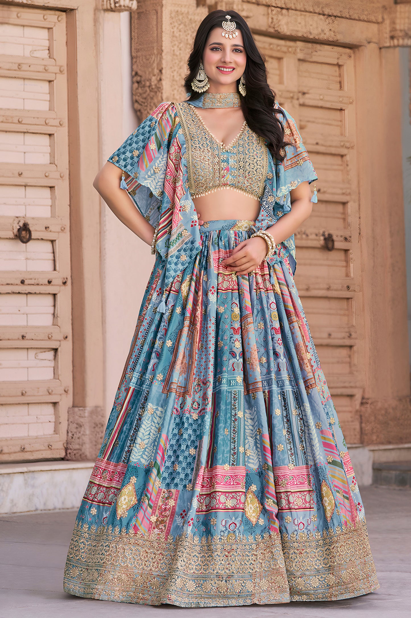 sky blue lehenga choli online front view with embroidery