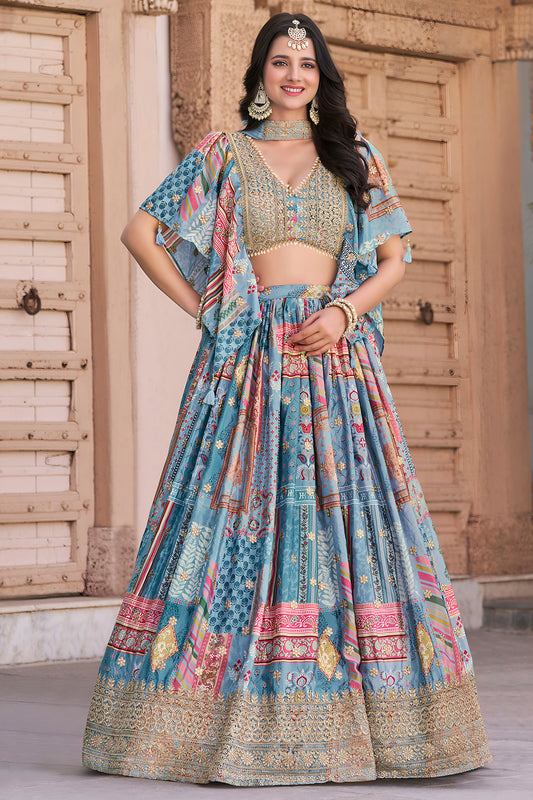 sky blue lehenga choli online front view with embroidery