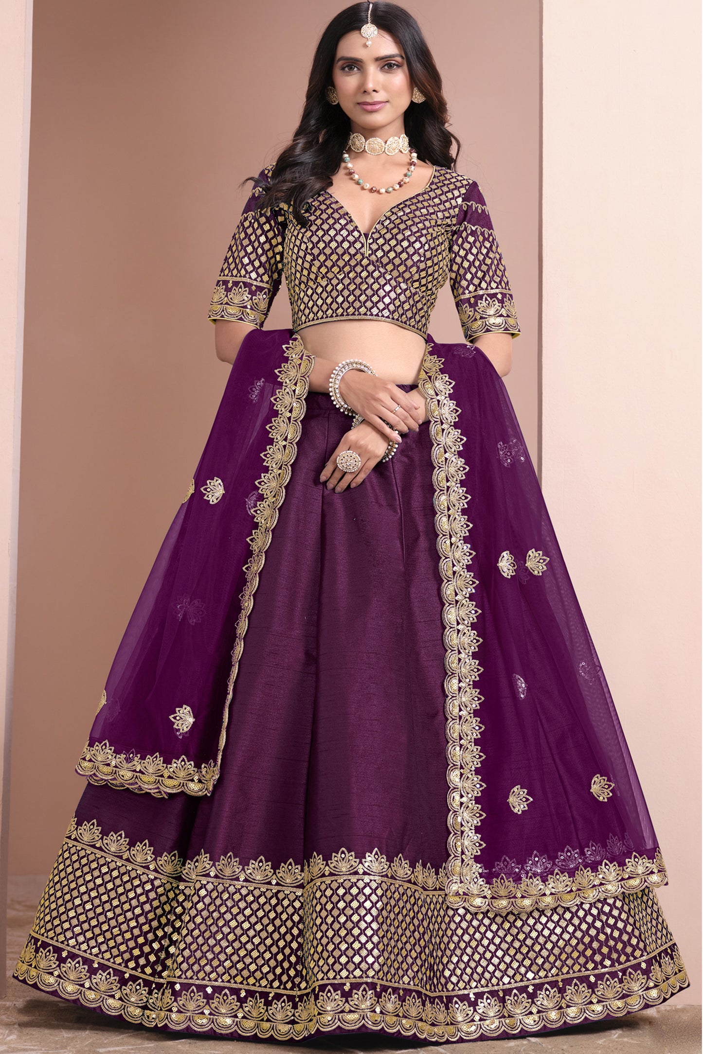 lehenga choli Purple full front view in silk