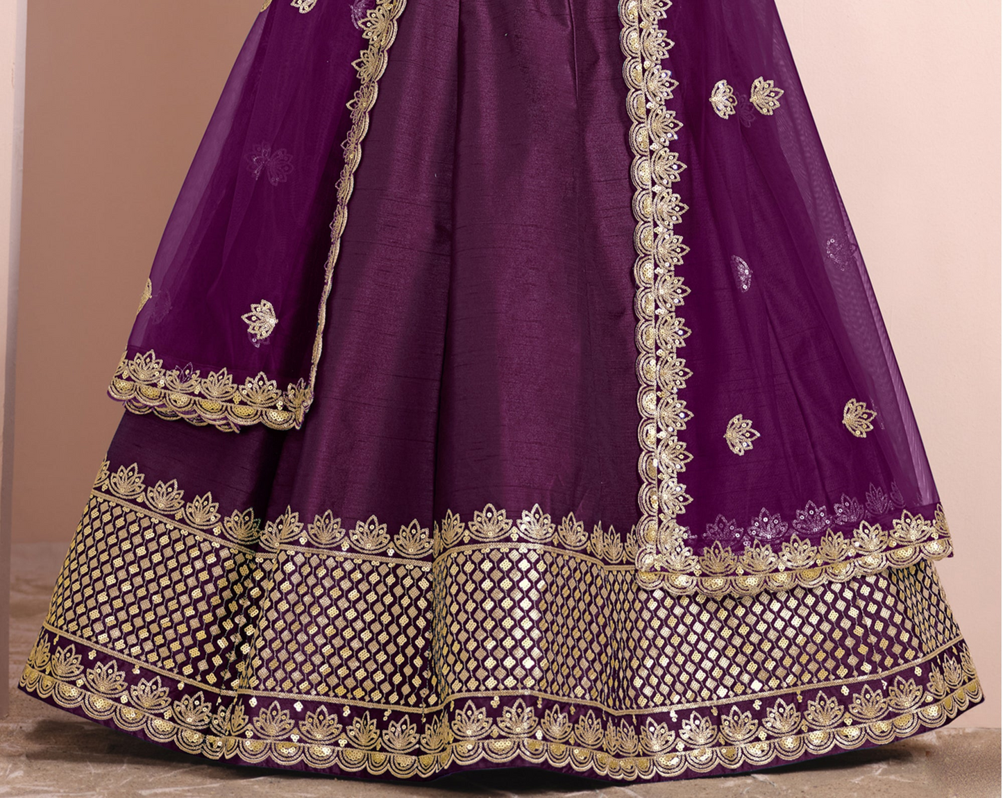 purple silk lehenga choli with thread and sequin work close-up