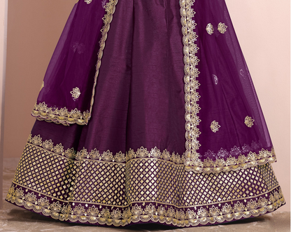 purple silk lehenga choli with thread and sequin work close-up