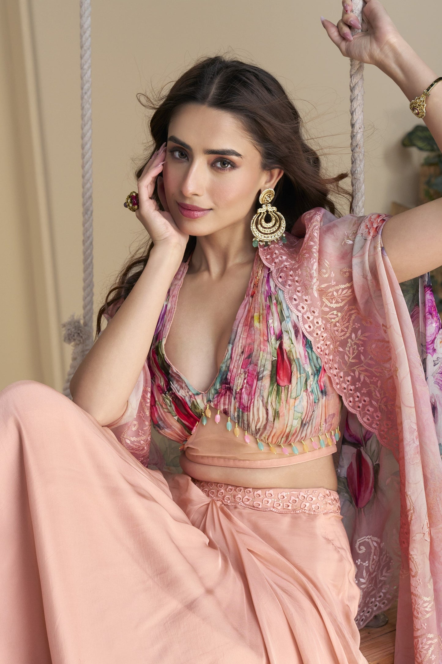 Embroidered lehenga skirt detailing in soft pink tone