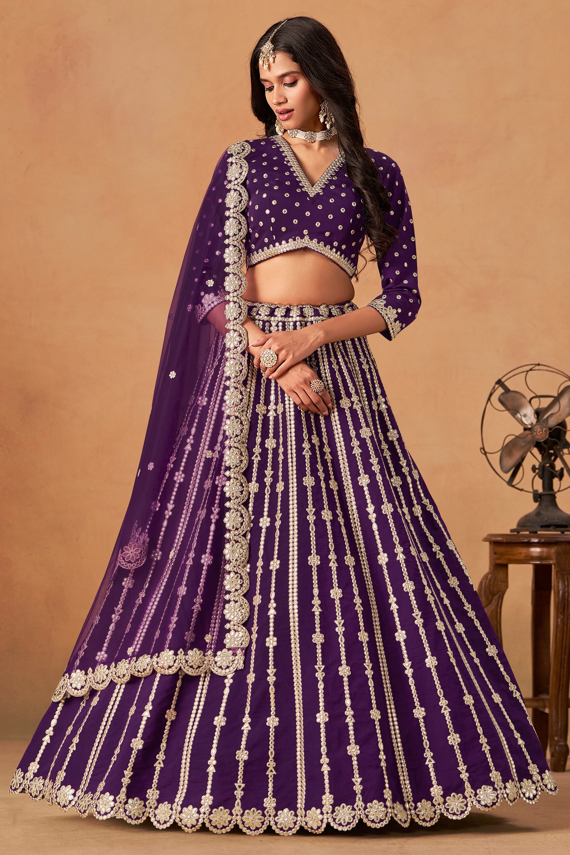 Side angle showing structured fall of lehenga choli