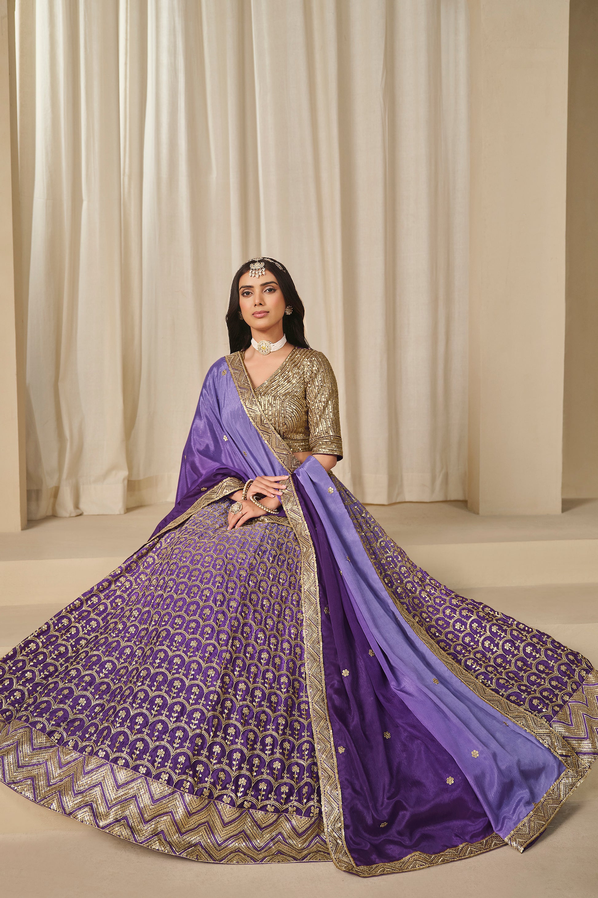 chinon silk lehenga fabric texture close-up in lavender tone