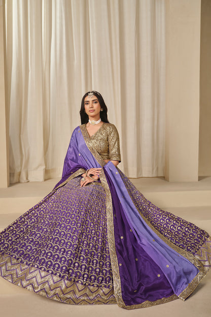 chinon silk lehenga fabric texture close-up in lavender tone