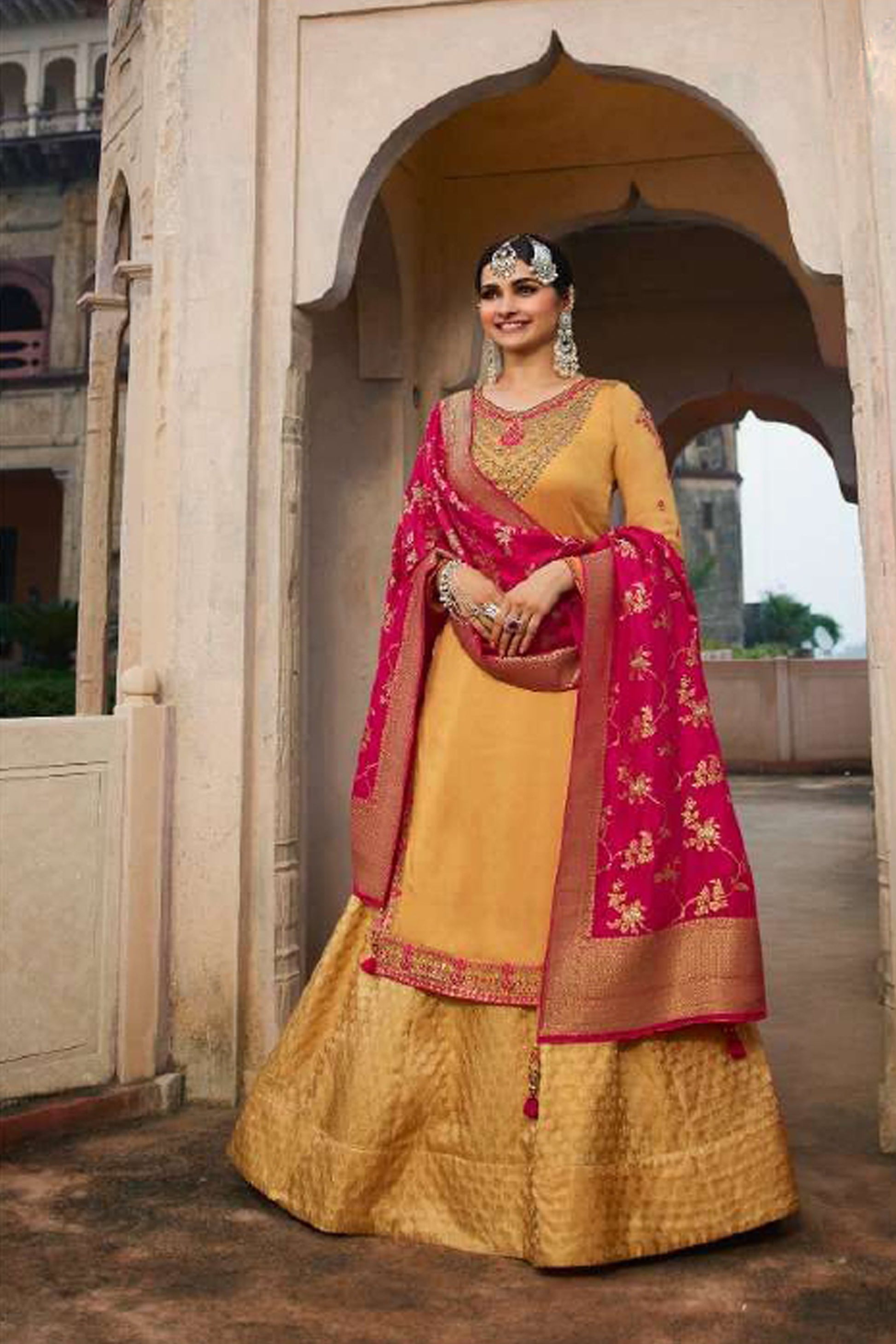 Yellow lehenga designs choli style anarkali gown front view