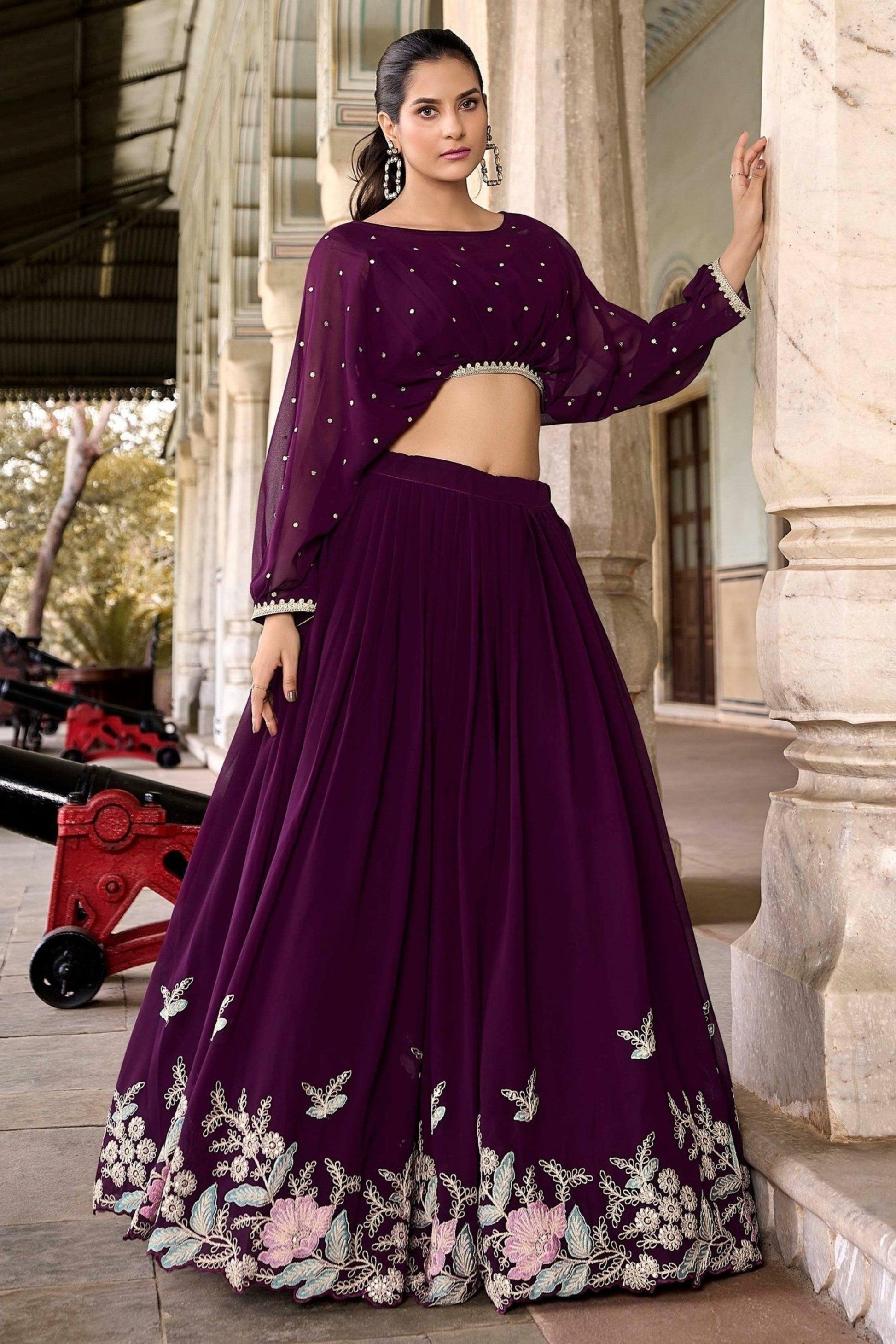 rich wine lehenga designs for wedding full outfit front view