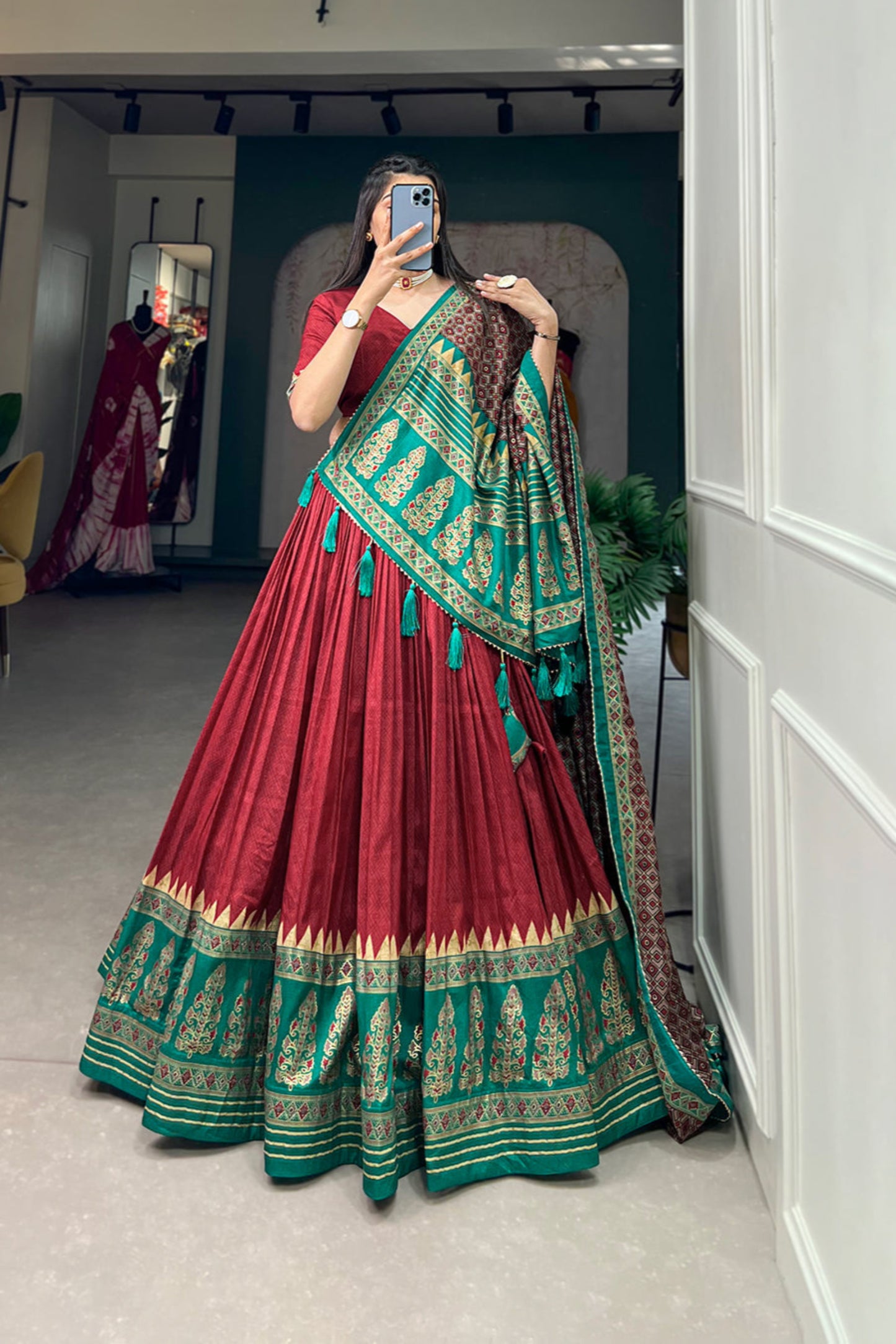 elegant evening lehenga choli red tone detail
