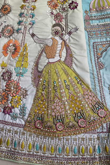 Detailed shot of lace border on lehenga hemline