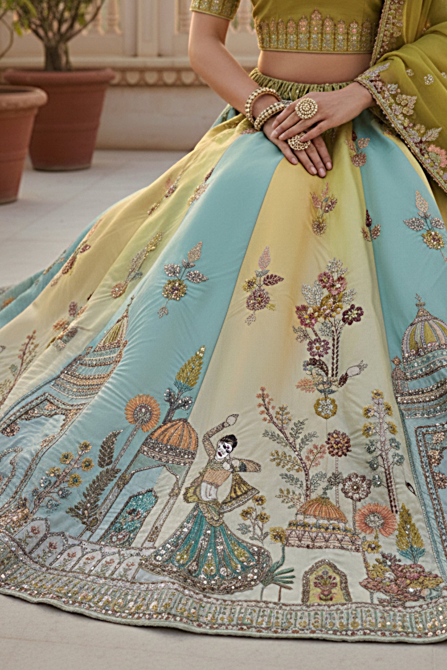 Fabric texture of silk lehenga with fine embroidery