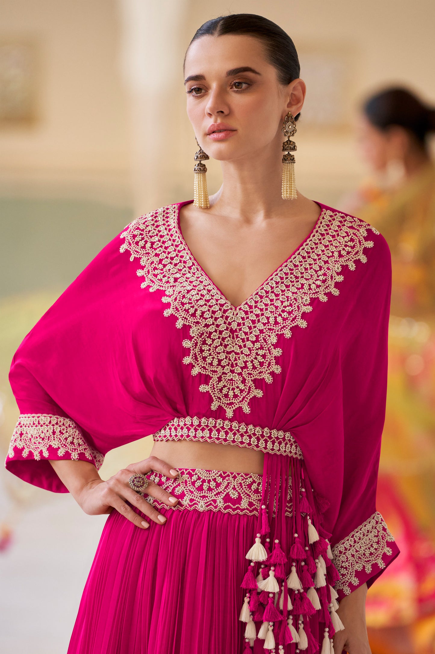 Pink lehenga outfit for party wear with subtle shine