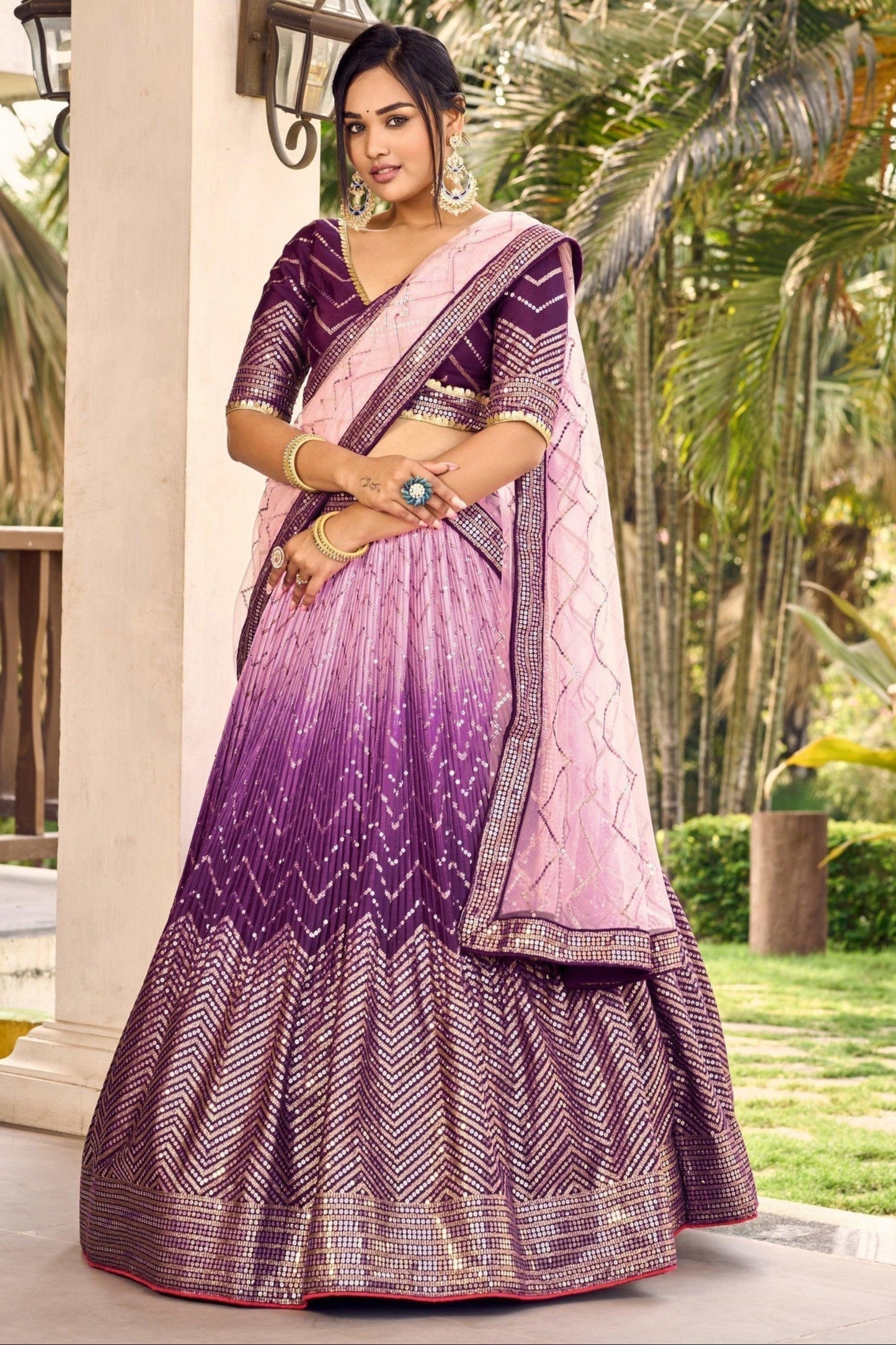 Lehenga for marriage reception in purple front view