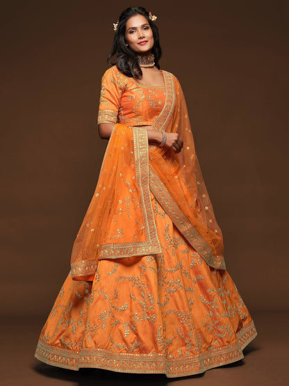 Orange lehenga choli with sequins and zari embroidery detail