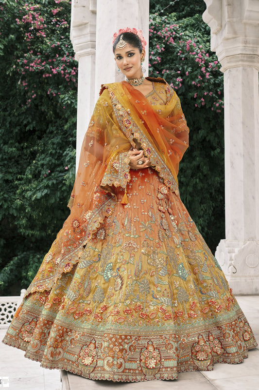 Orange lehenga with zari embroidery front view