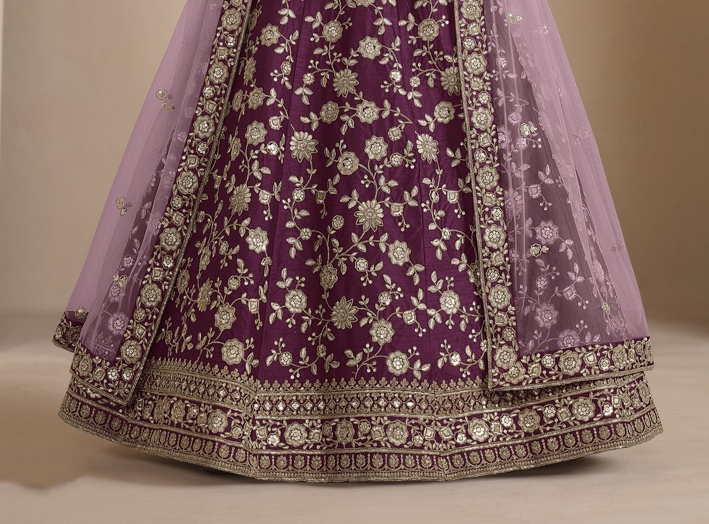Fabric texture of silk lehenga in wine shade
