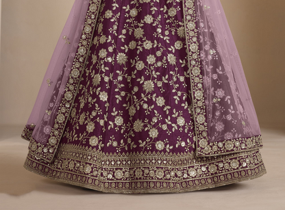 Fabric texture of silk lehenga in wine shade