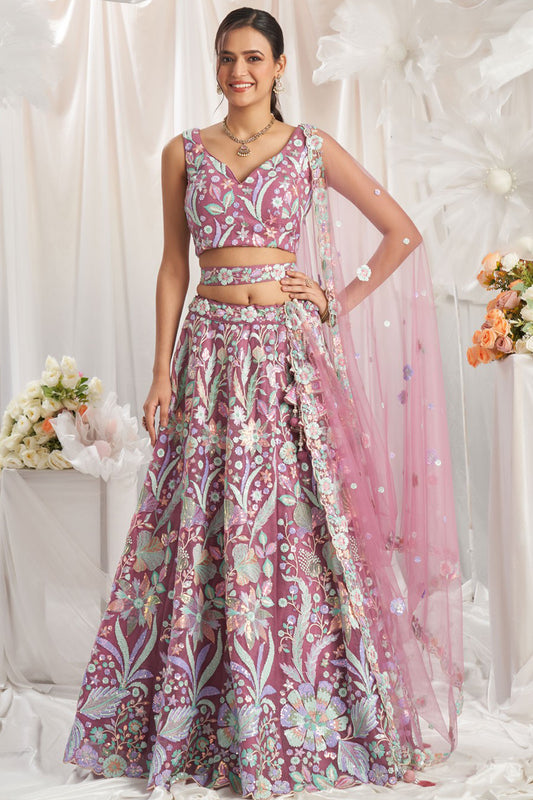  lehenga in pink color front view with sequins detailing
