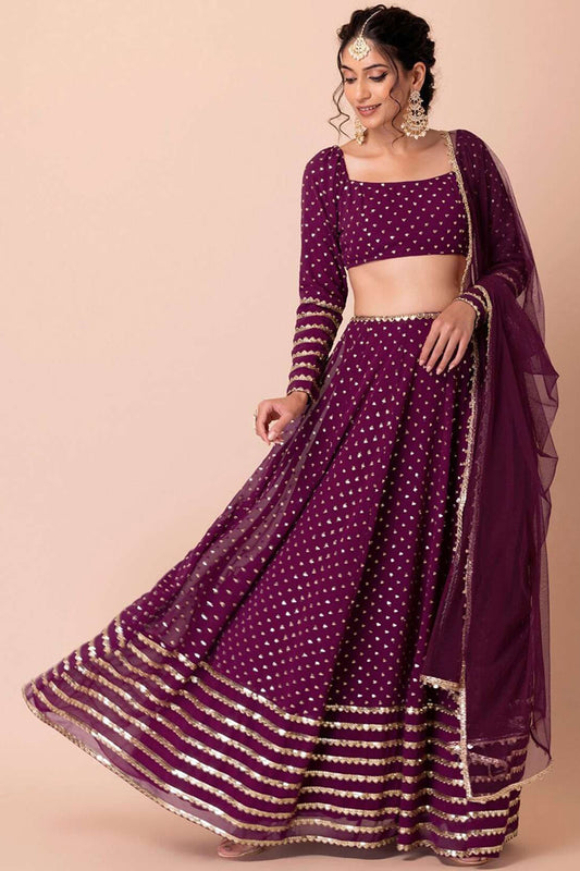 lehenga long choli wine georgette sangeet outfit front view