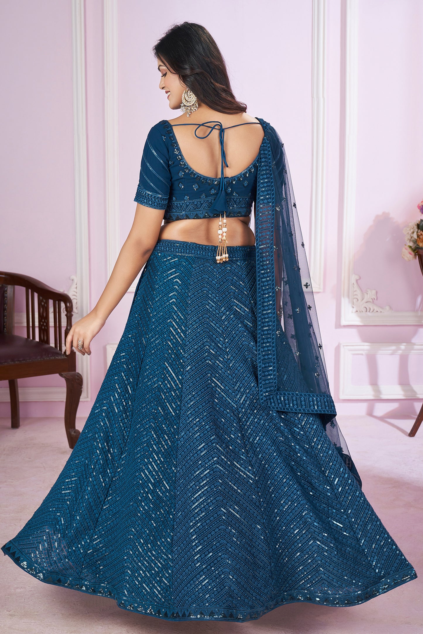 Blue lehenga styled for Navratri celebration