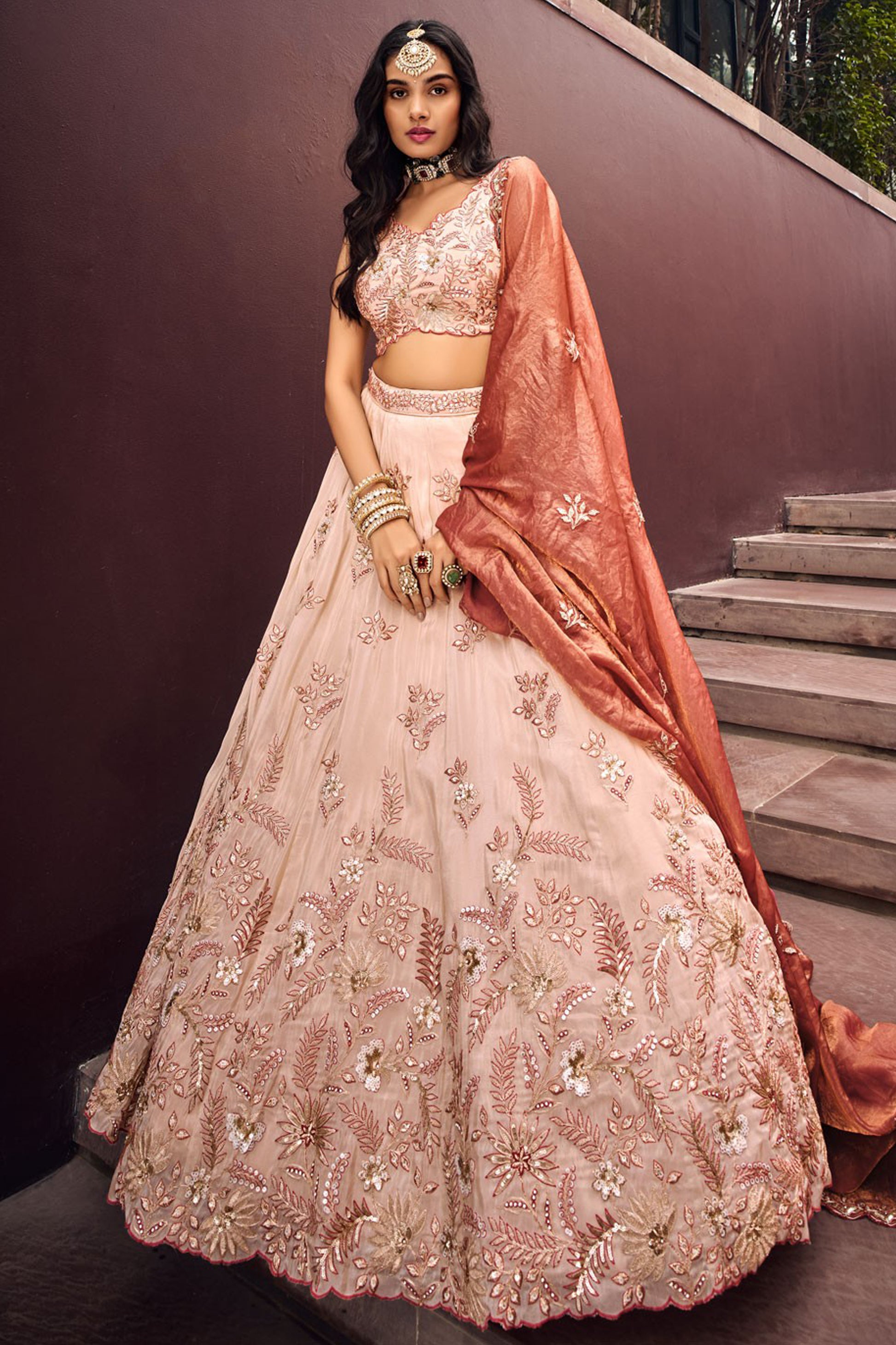 Peach lehenga choli full front view with net fabric