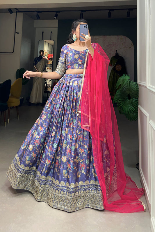 lehenga purple colour full front view with embroidery