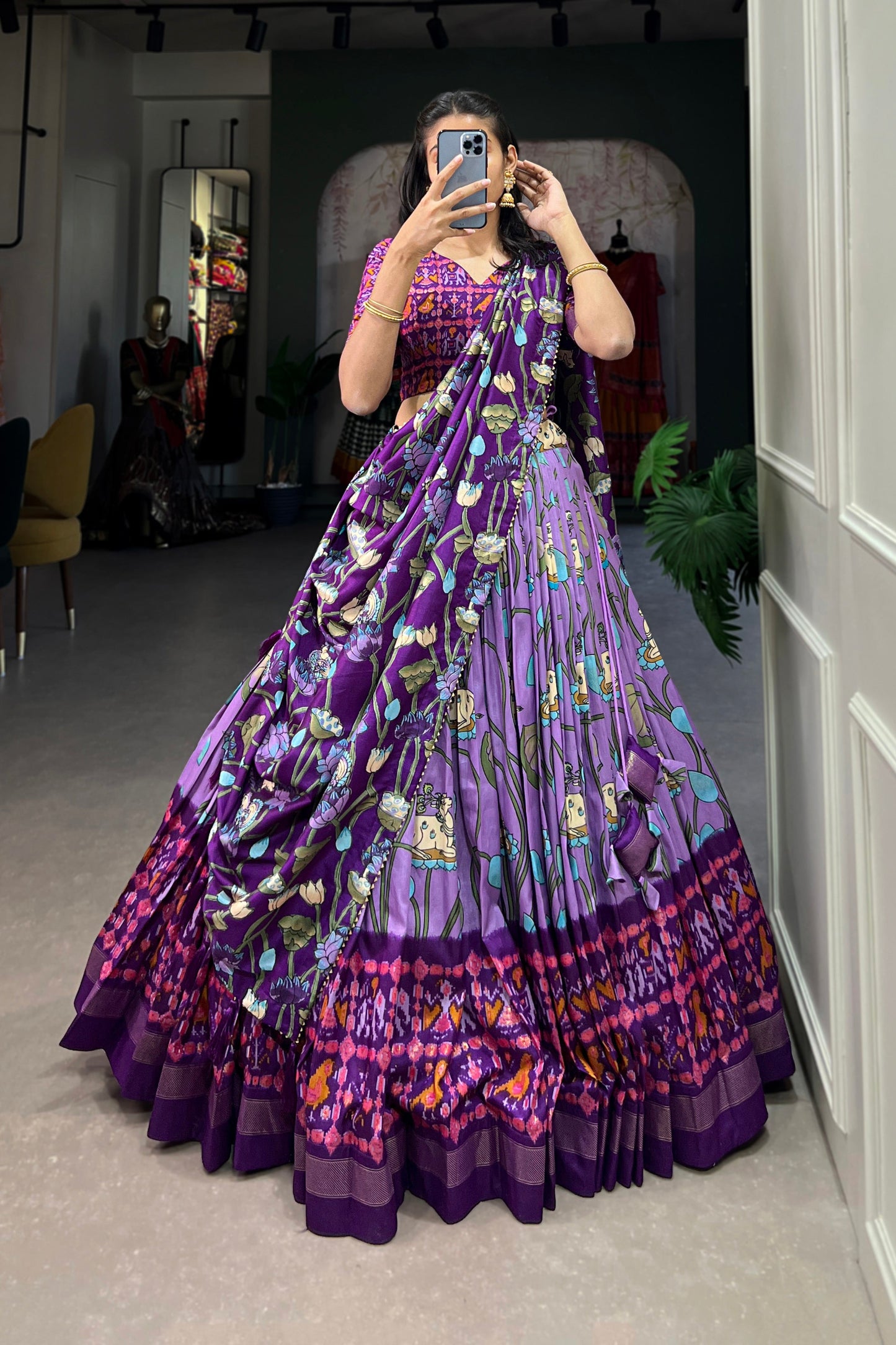 foil print detail on dark purple lehenga skirt panel