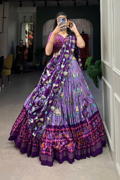 foil print detail on dark purple lehenga skirt panel