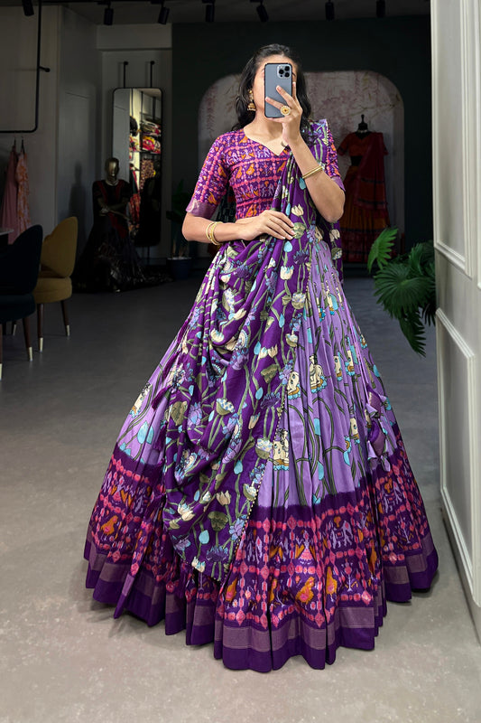 lehenga purple colour front view with printed foil design