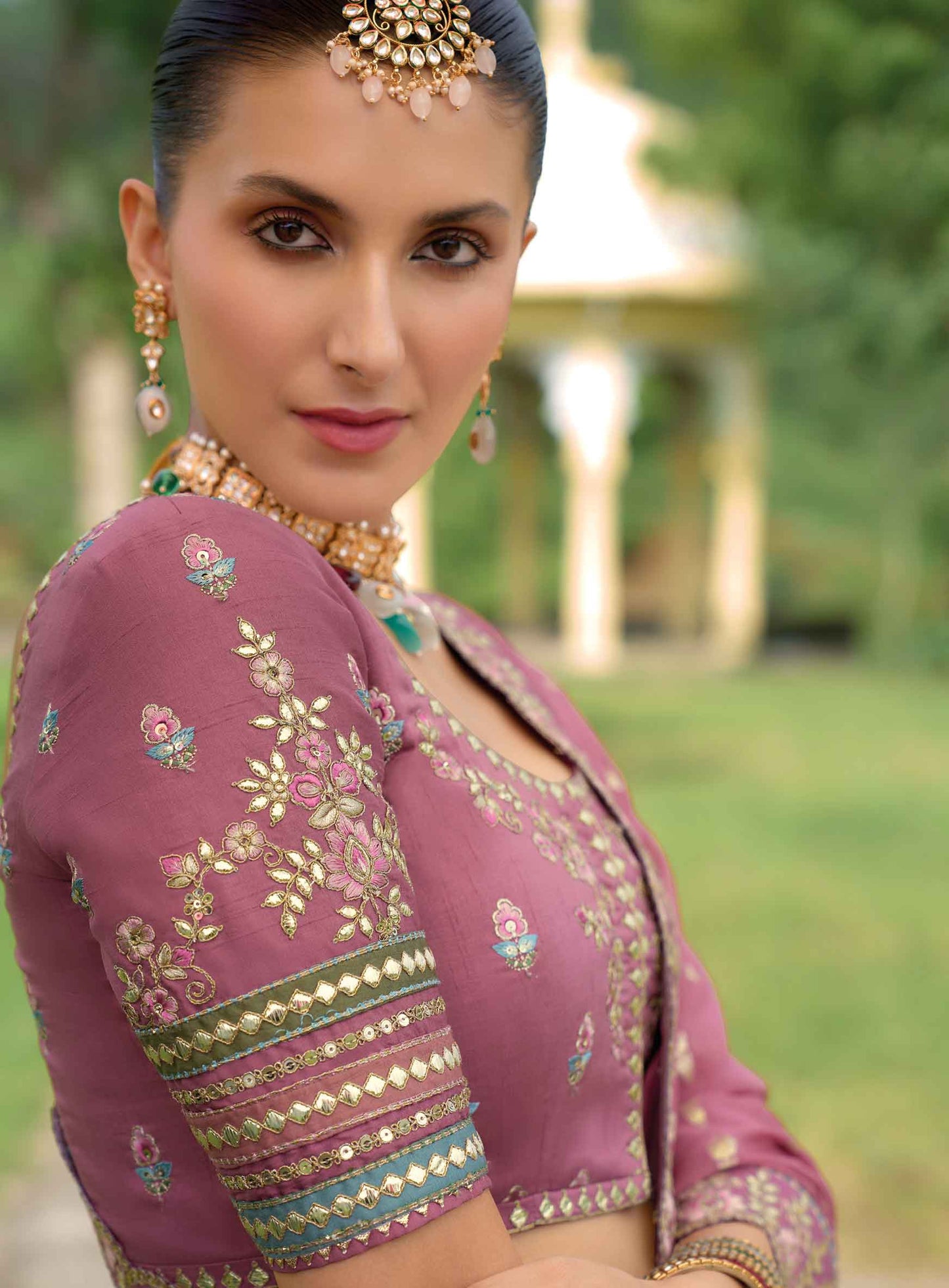 lehenga choli side angle showing cut work details