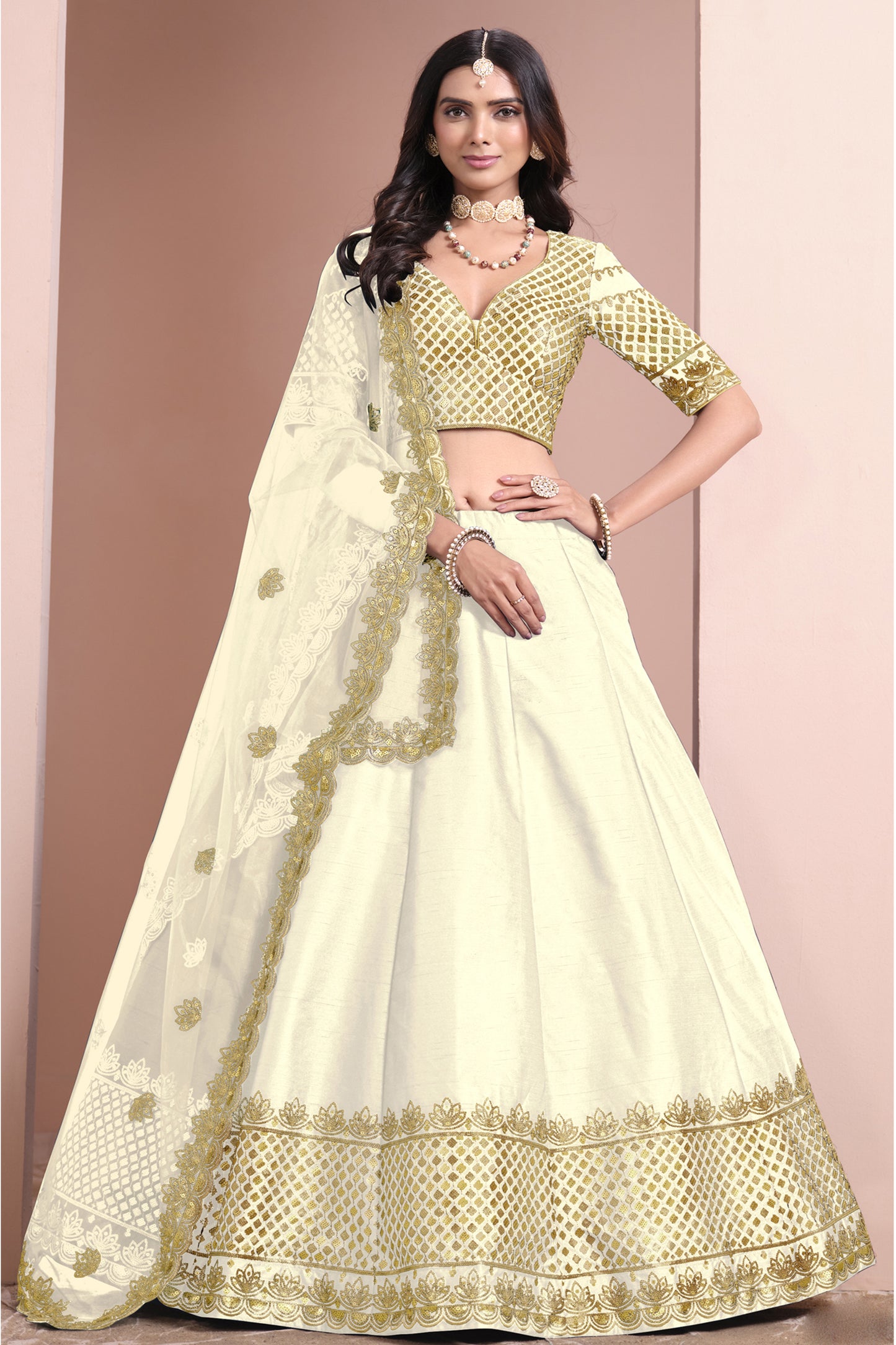 Off white lehenge choli ghagra full front view with sequins