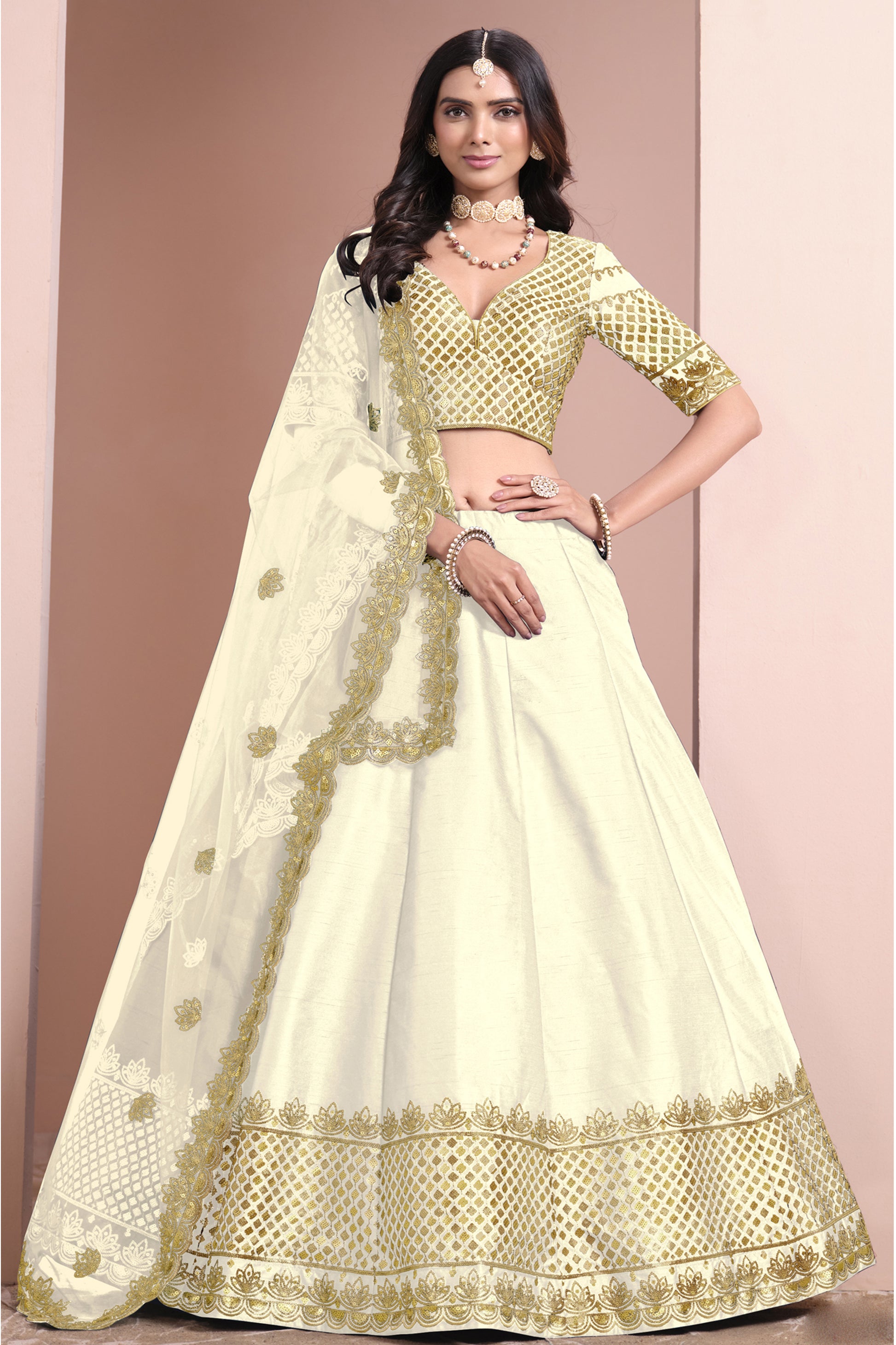 Off white lehenge choli ghagra full front view with sequins