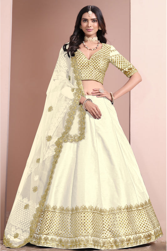 Off white lehenge choli ghagra full front view with sequins