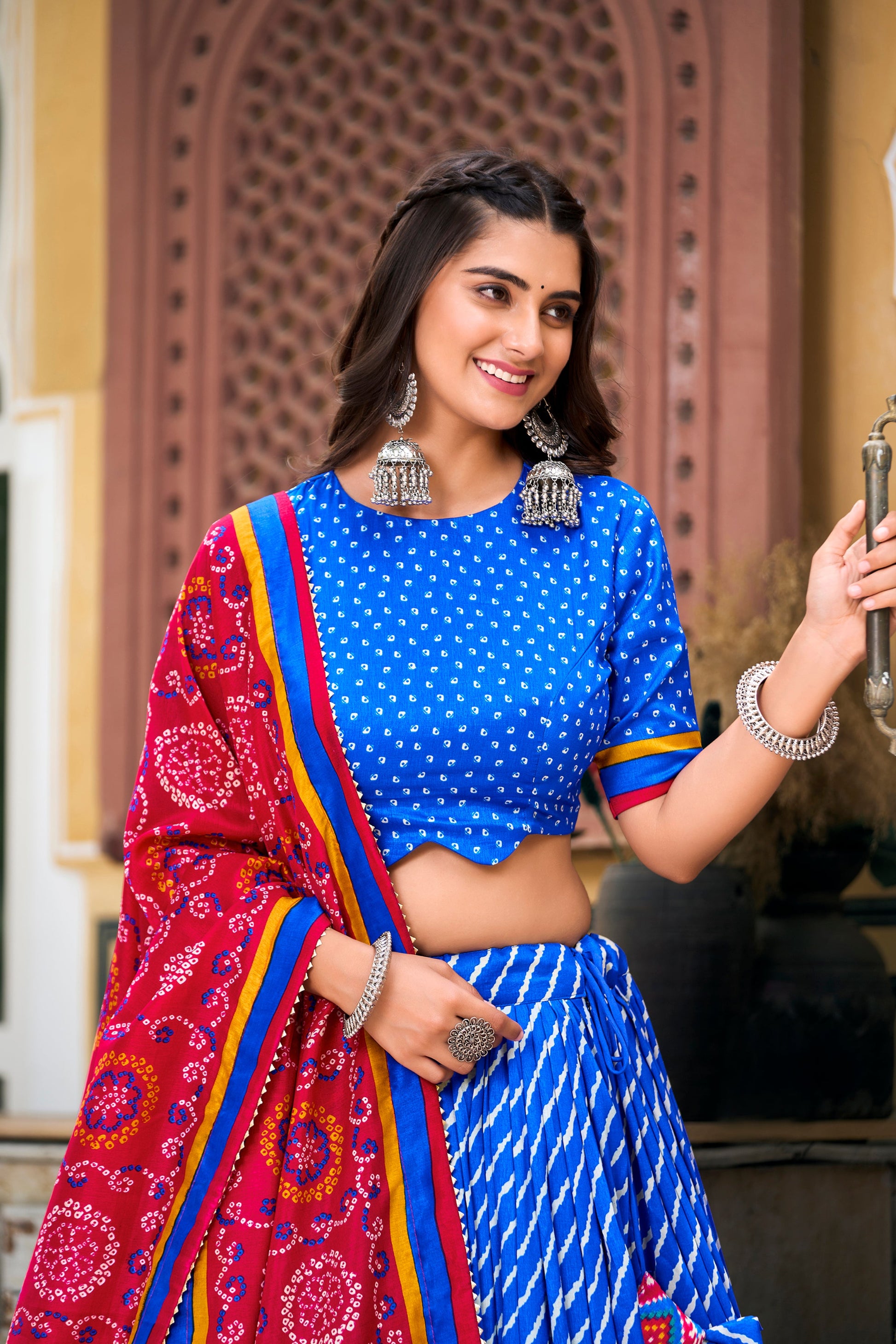 Tussar silk lehenga choli with leheriya patola print detail