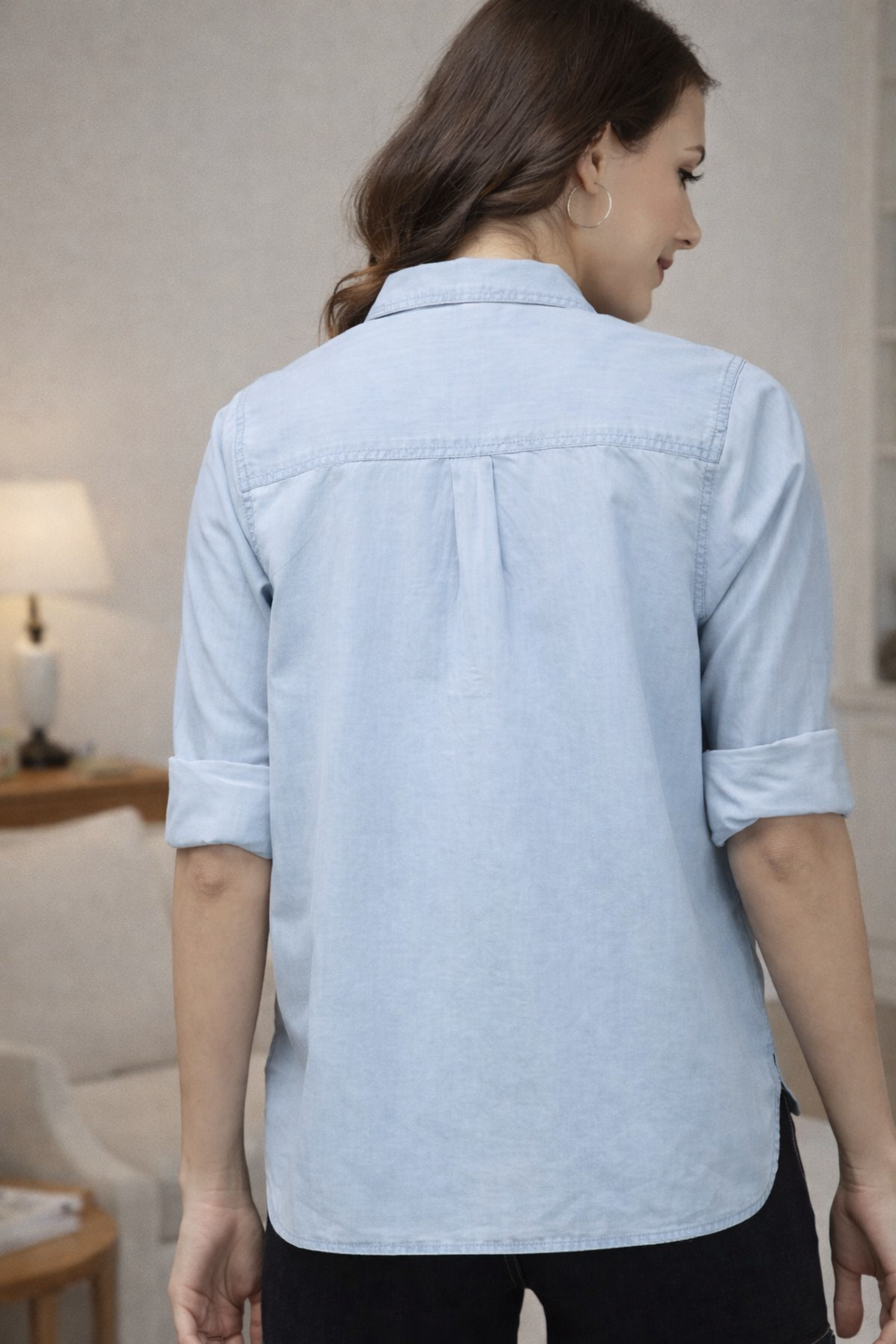Back view of cyan blue shirt showing clean finish