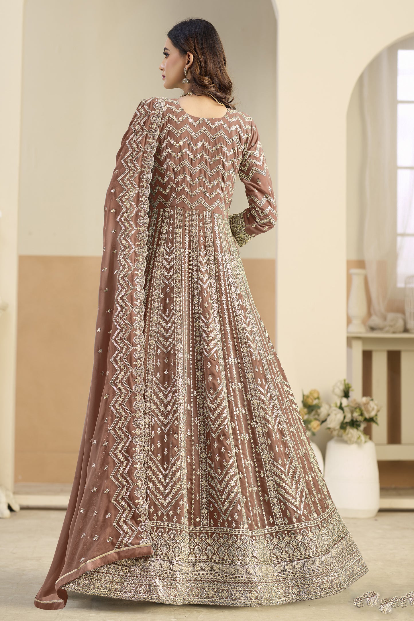 Light brown Anarkali dupatta dress front view