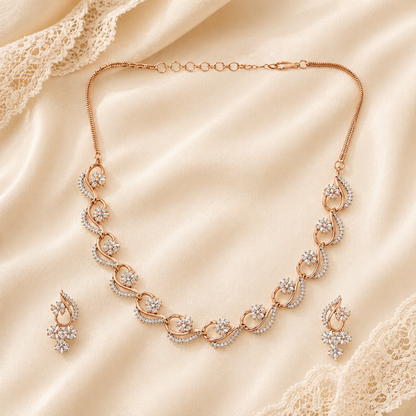 Close-up of curved floral necklace with clear stones