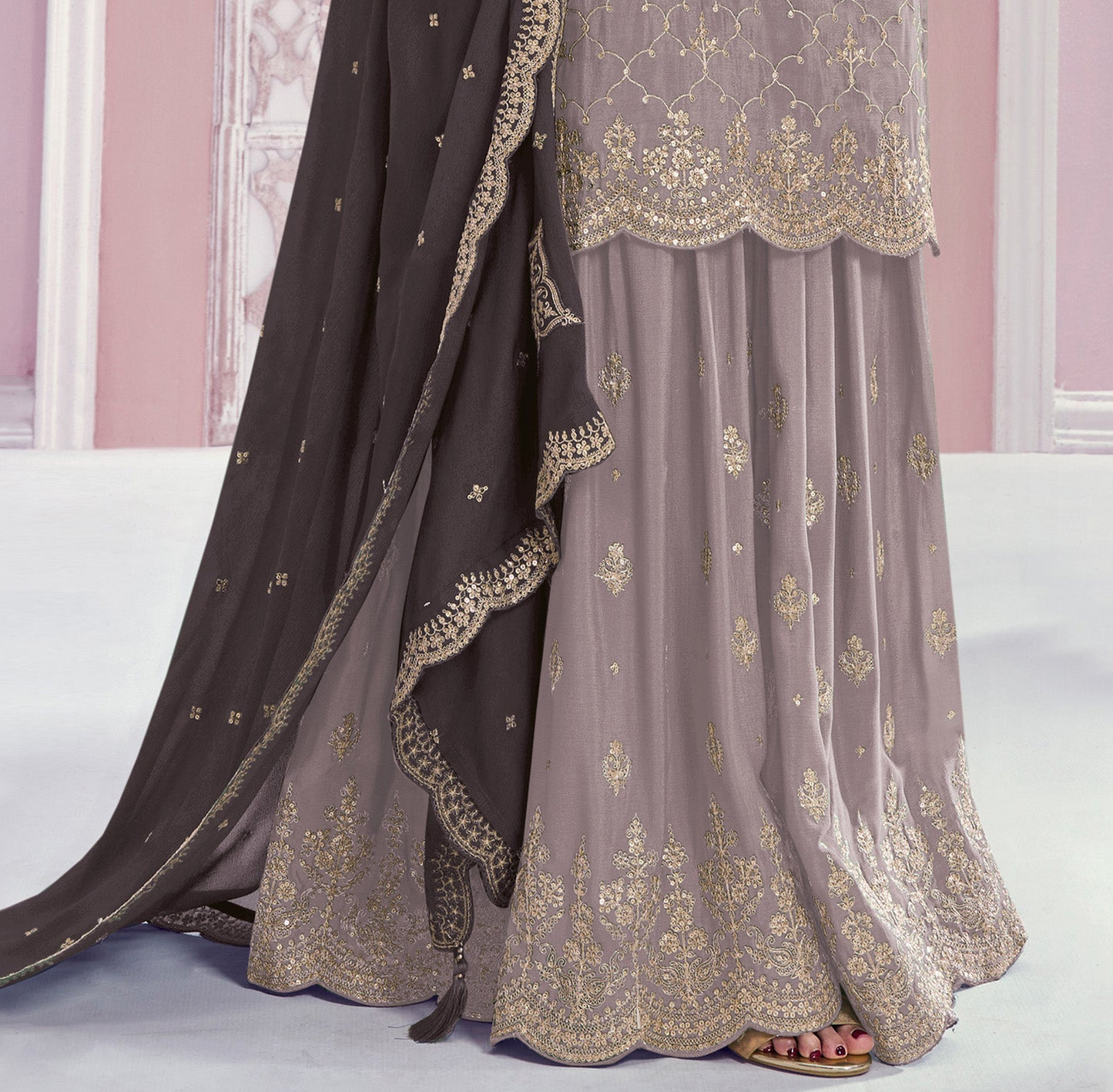 Light gray kameez palazzo set with embroidery work