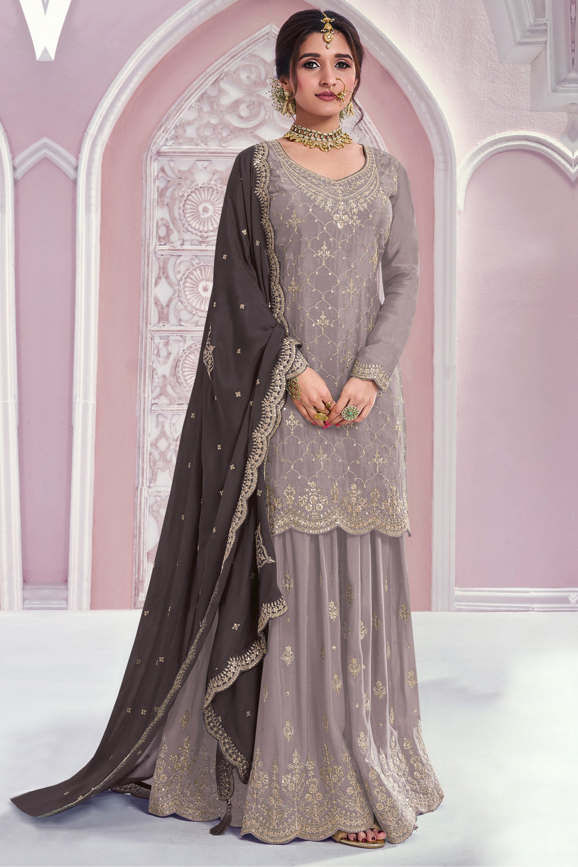 Light gray wedding palazzo dress front view with embroidered dupatta
