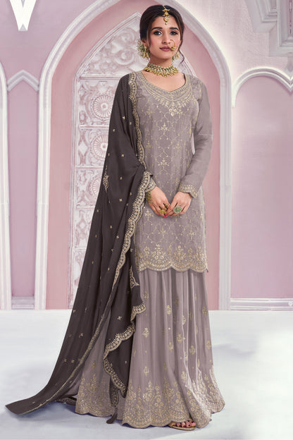 Light gray wedding palazzo dress front view with embroidered dupatta