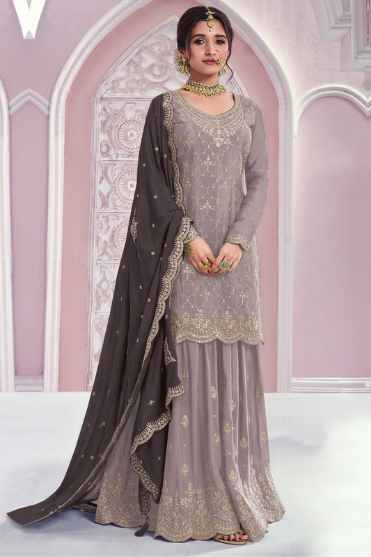Light gray wedding palazzo dress front view with embroidered dupatta