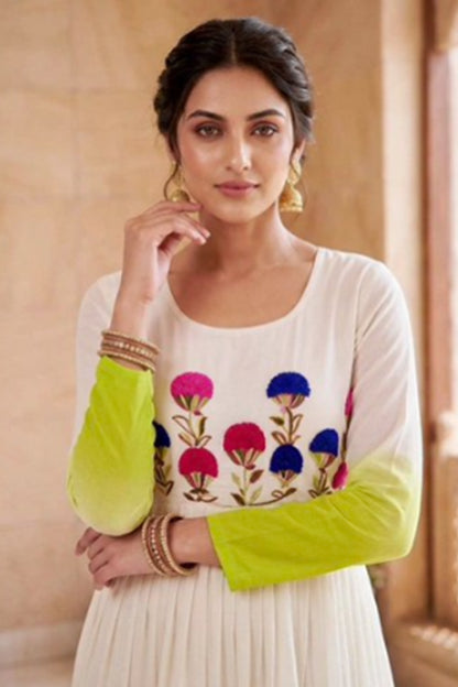 Front view of Designer Gown in Light Green Georgette