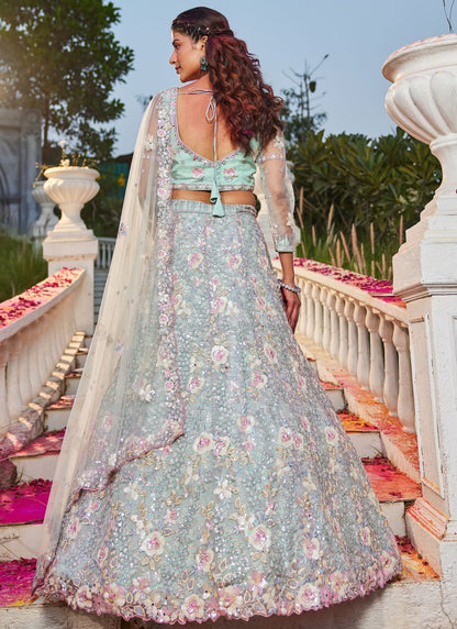 sea green lehenga back view with blouse design